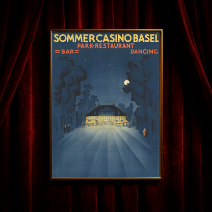 Historisches Grafik-Design von Burkhard Mangold zeigt Tanz und Bar im Sommercasino Basel.