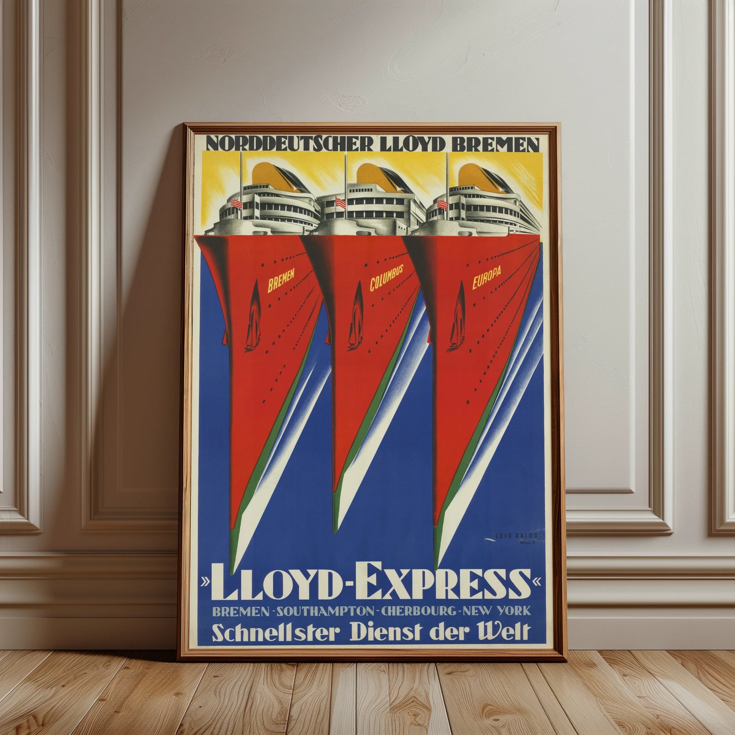 Lloyd-Express Reiseplakat mit Route Bremen Southampton Cherbourg New York.