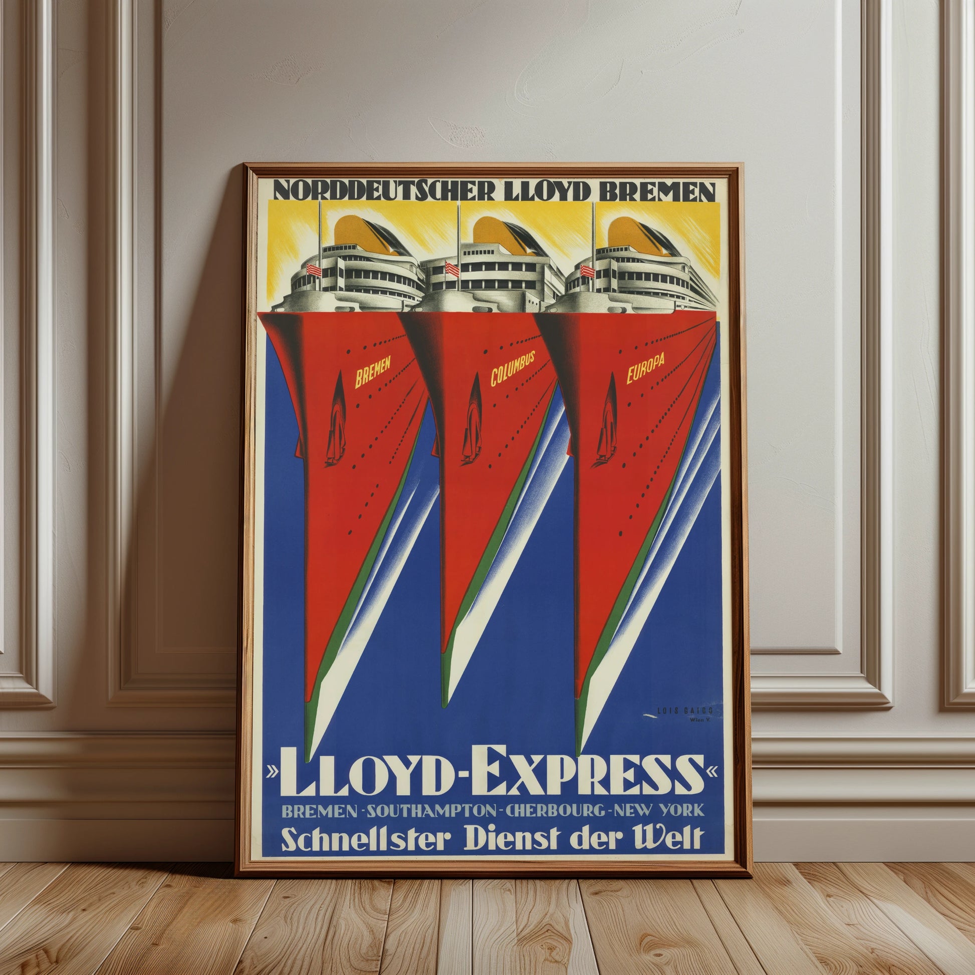 Lloyd-Express Reiseplakat mit Route Bremen Southampton Cherbourg New York.
