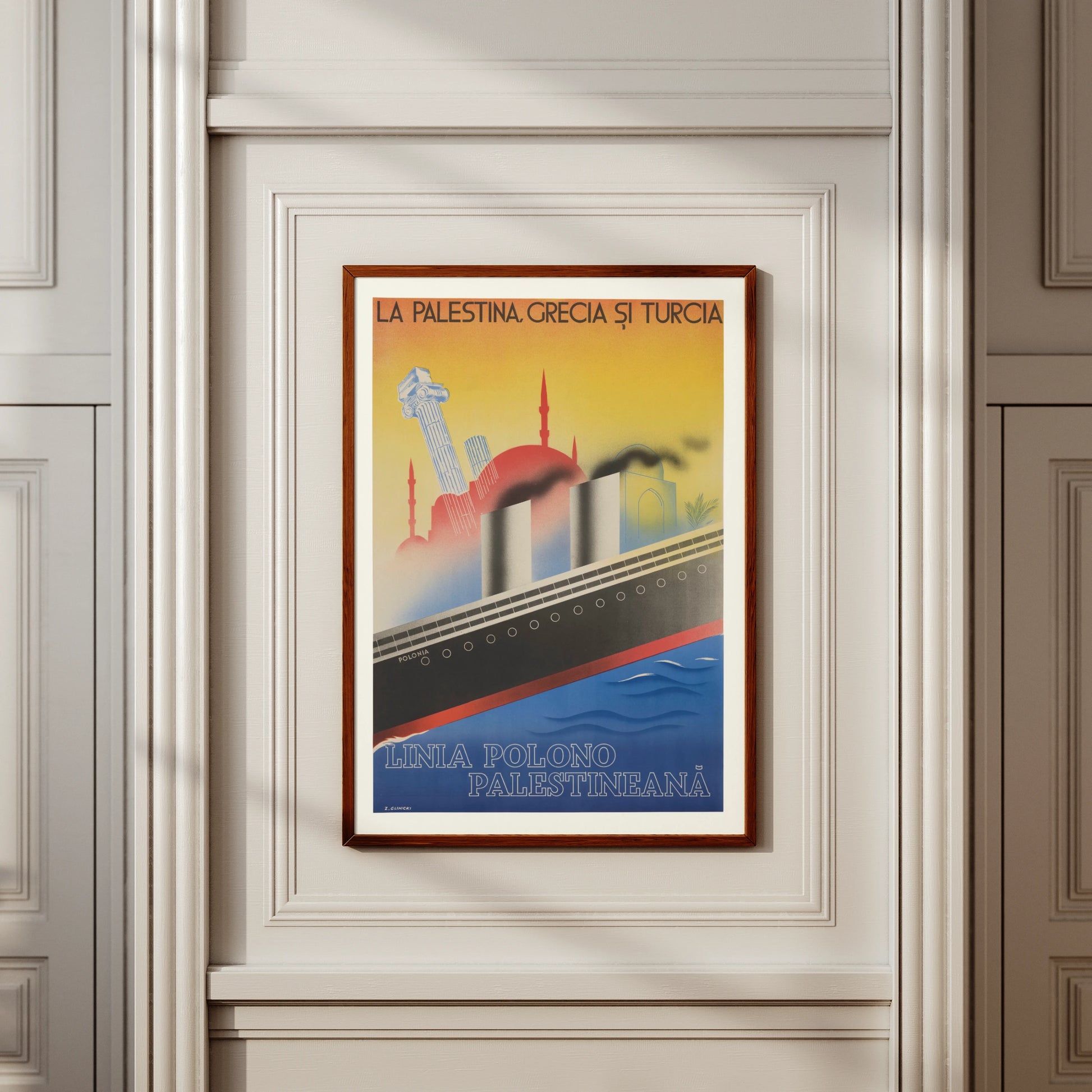 Grafikdesign der 1930er Jahre mit Reisezielen Griechenland, Türkei und Palästina