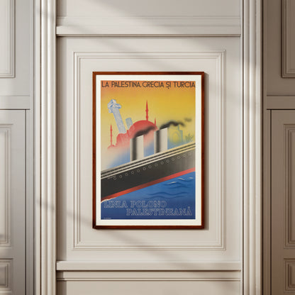 Grafikdesign der 1930er Jahre mit Reisezielen Griechenland, Türkei und Palästina