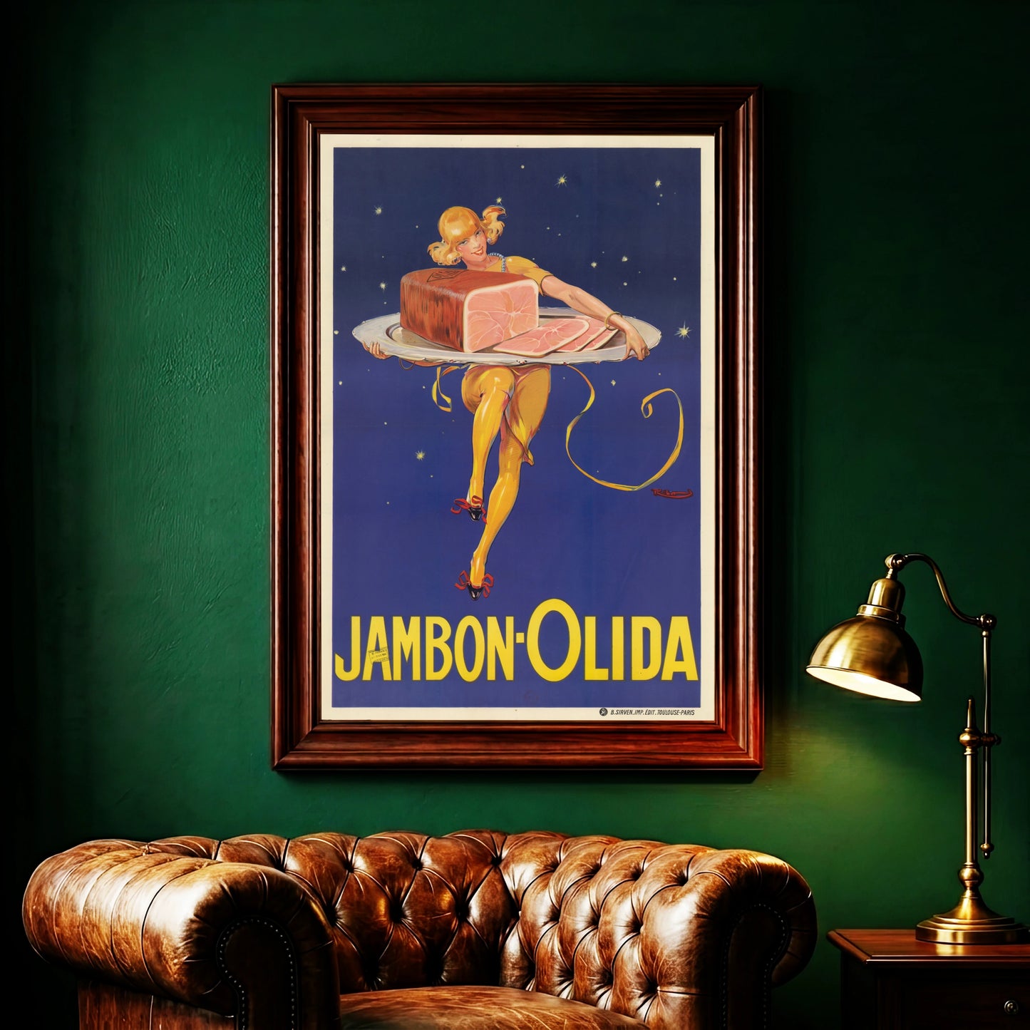 Retro-Plakat für französischen Schinken mit gelber Typografie auf dunkelblauem Hintergrund.