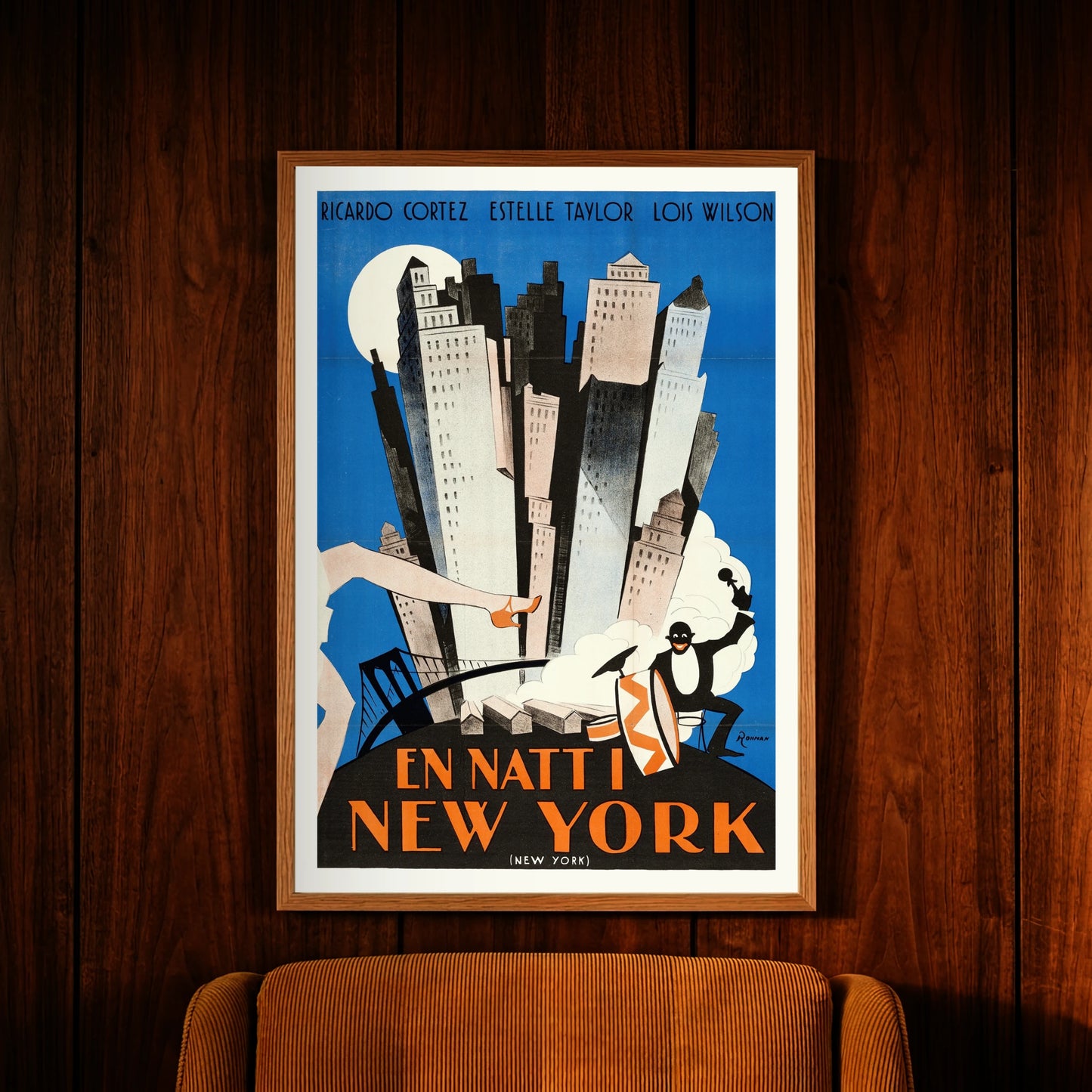 Grafik eines Jazz-Schlagzeugers und Tanzbeinen vor der Skyline von New York.