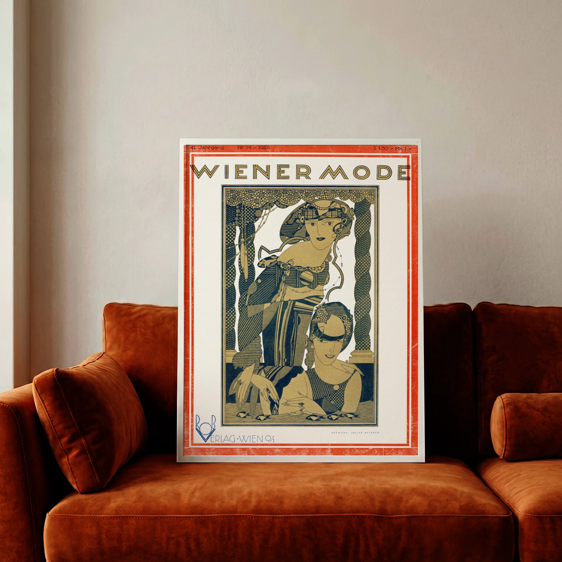 Detailreiche Illustration von Julius Klinger für die Wiener Mode Zeitschrift 1928.
