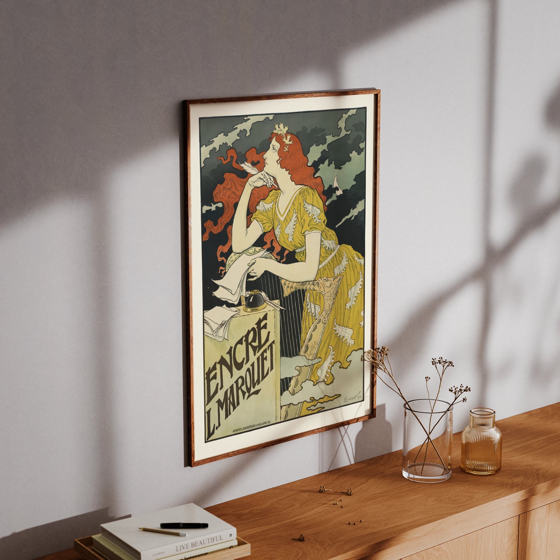 Historische Werbung für Encre L. Marquet Tinte aus dem Jahr 1892 mit künstlerischer Illustration.