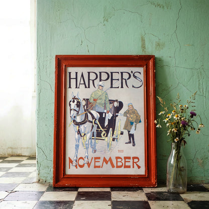 Detailreiche Illustration von Edward Penfield im Art Nouveau Stil für Harper’s New Monthly Magazine.