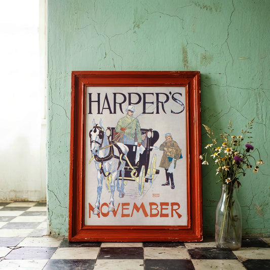 Detailreiche Illustration von Edward Penfield im Art Nouveau Stil für Harper’s New Monthly Magazine.