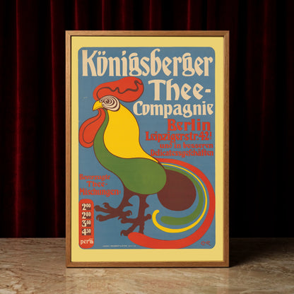 Grafisches Kunstplakat von 1901 mit Hahn-Motiv und Preistabelle für Tee-Mischungen.
