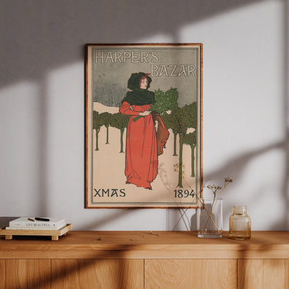 Illustration einer Frau im Winter mit Mistelzweigen im Stil der Belle Époque.