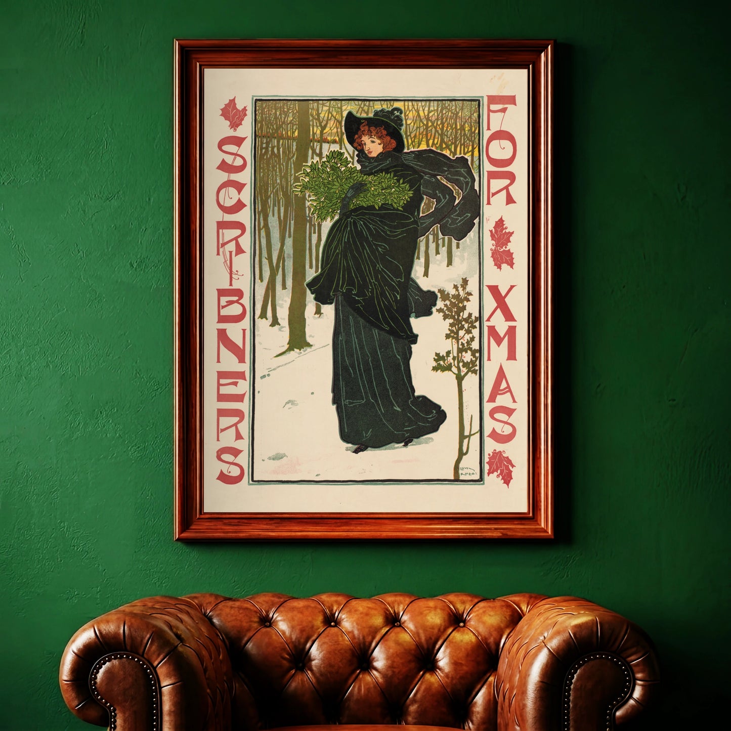 Art Nouveau Poster im Jugendstil mit Frau in schwarzem Mantel und Mistelzweigen