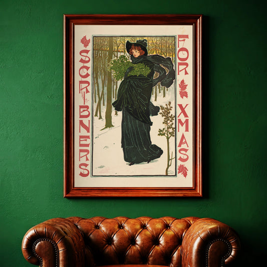 Art Nouveau Poster im Jugendstil mit Frau in schwarzem Mantel und Mistelzweigen