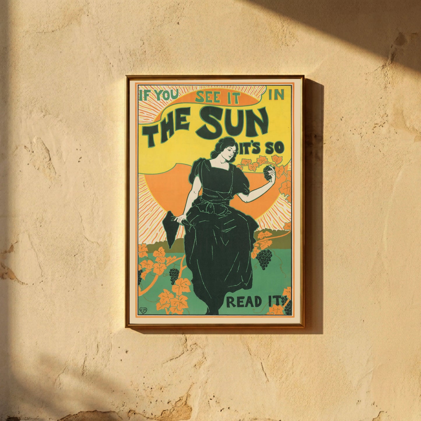 Jugendstil-Werbeplakat für die Zeitung The Sun mit markanter Typografie.