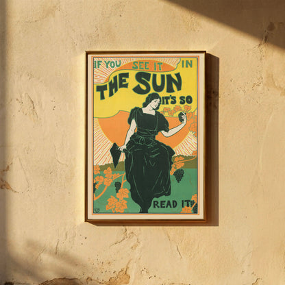 Jugendstil-Werbeplakat für die Zeitung The Sun mit markanter Typografie.