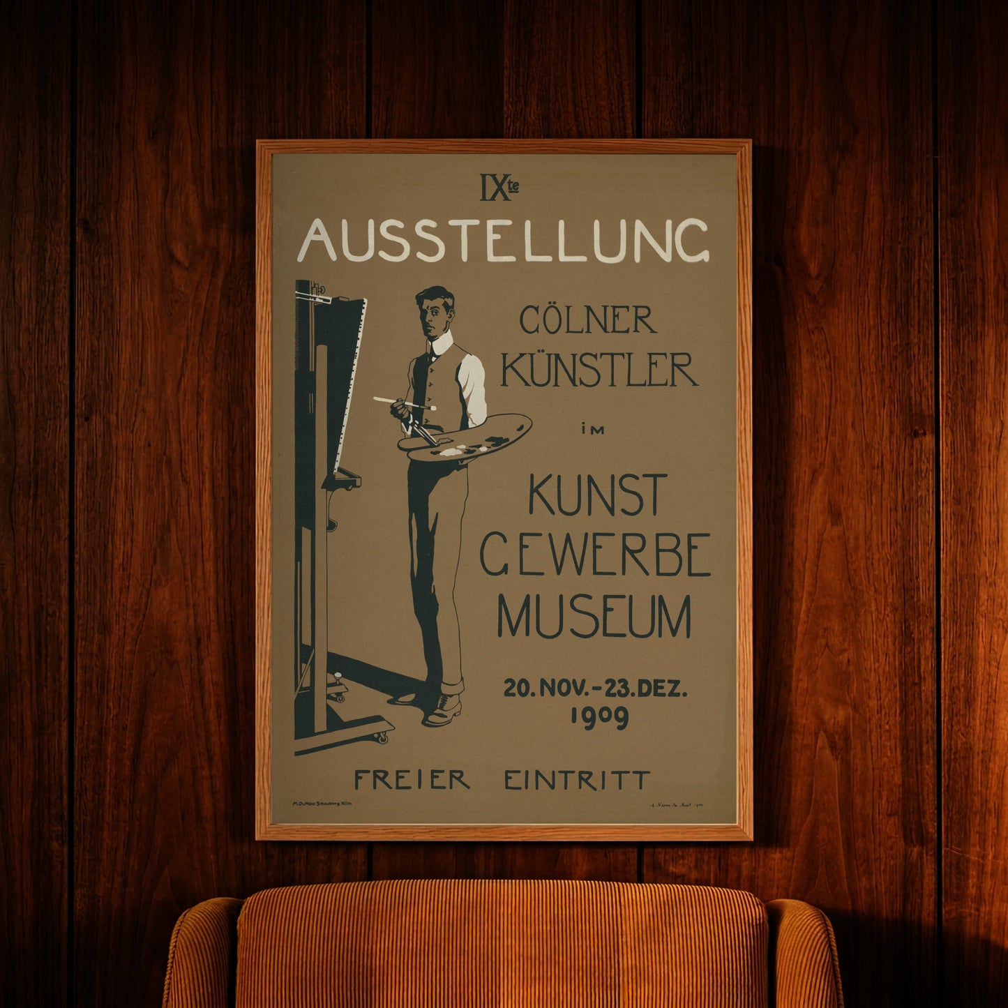 Detaillierte Illustration eines Künstlers mit Palette und Pinsel auf einem historischen Museums-Plakat.