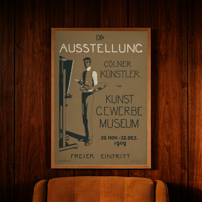 Detaillierte Illustration eines Künstlers mit Palette und Pinsel auf einem historischen Museums-Plakat.