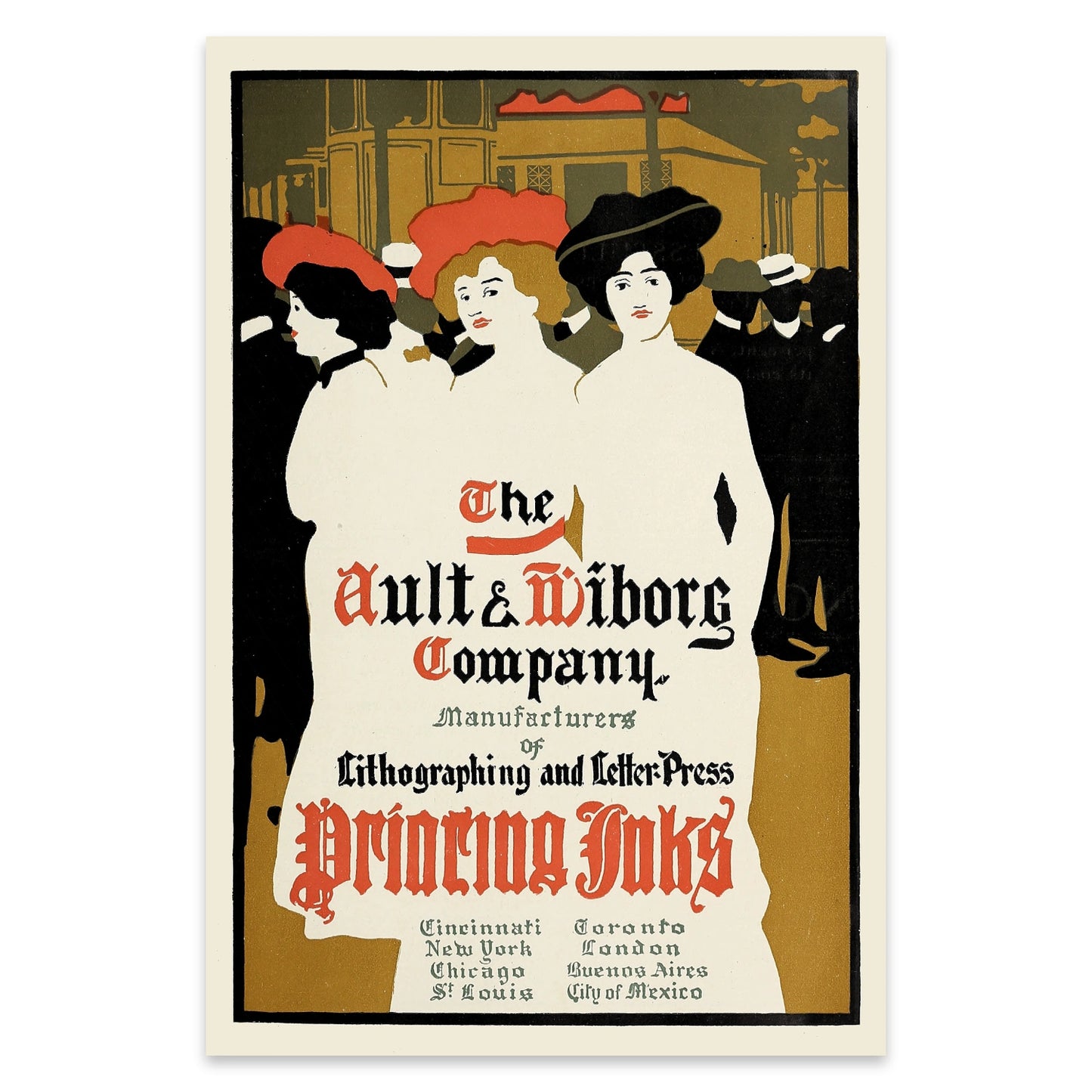 Historische amerikanische Plakatkunst mit Auflistung internationaler Städte wie London und New York.