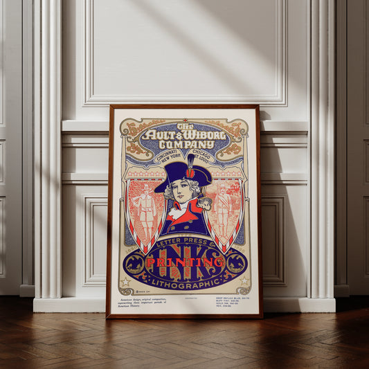 Historisches Werbeplakat der Ault & Wiborg Company für Druckfarben mit drei Epochen amerikanischer Geschichte.
