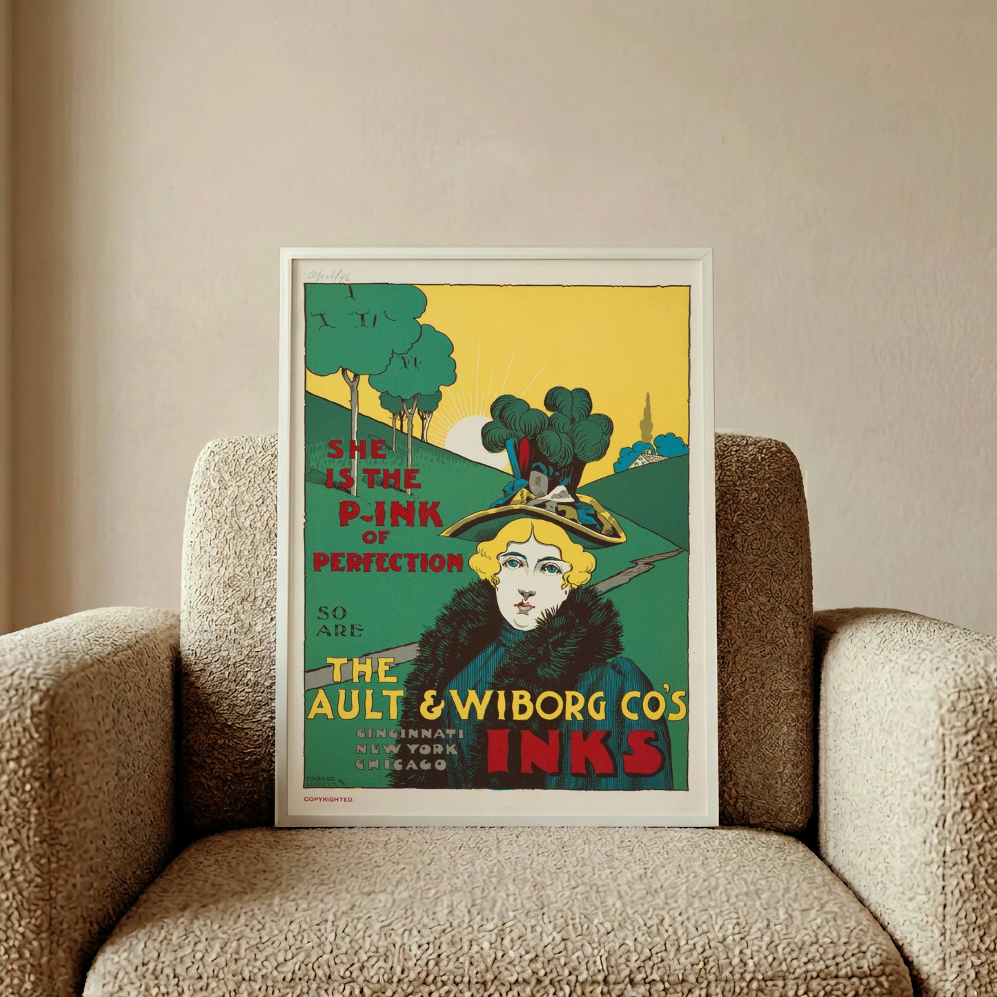 Vintage Art Nouveau Plakat mit einer Dame vor Hügellandschaft von 1896.