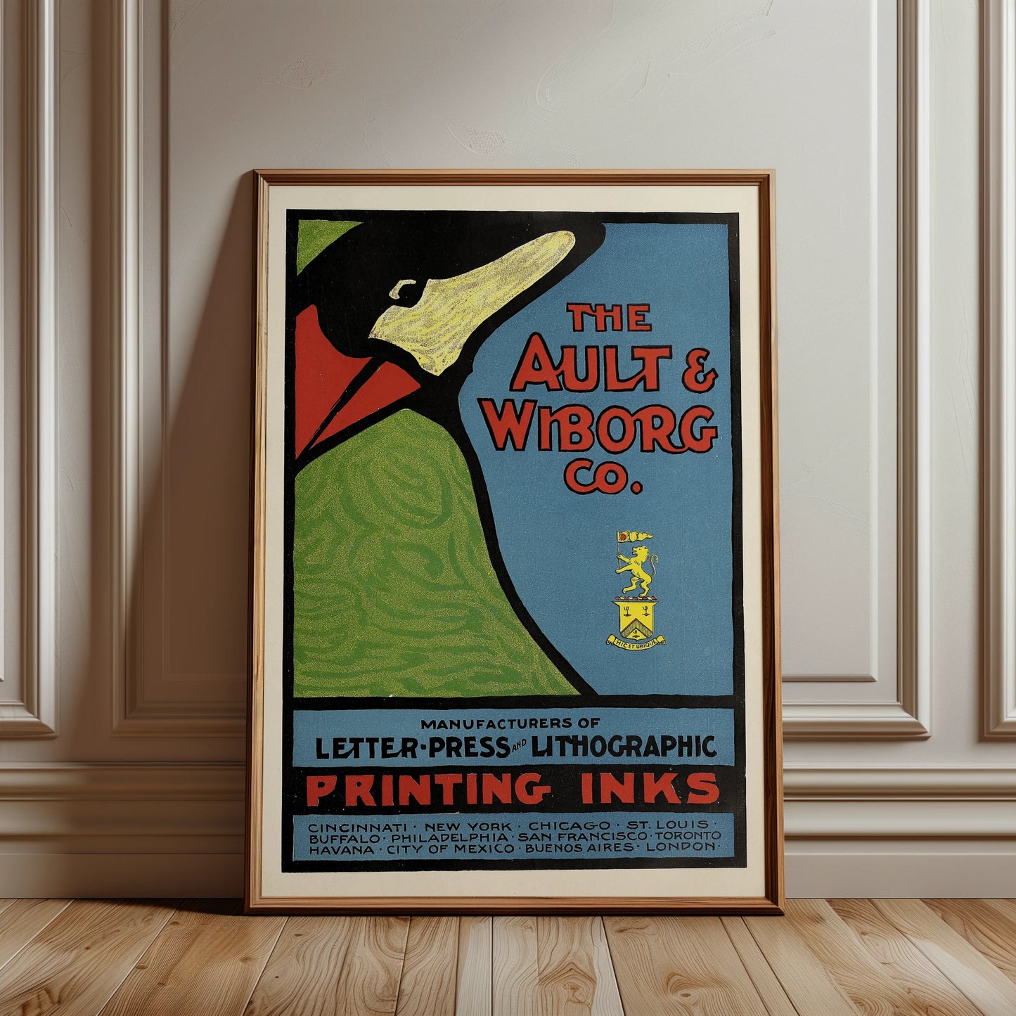 Vintage Werbeplakat für Ault & Wiborg Printing Inks mit stilisierter Silhouette.