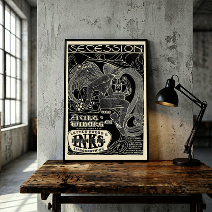Historisches Werbeposter von Ault & Wiborg im Jugendstil mit einer geflügelten Gestalt und Maske.