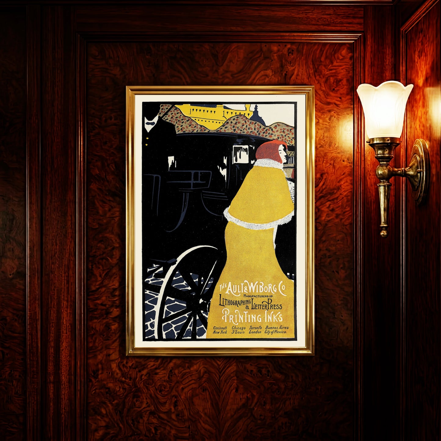 Vintage-Werbeplakat von Ault & Wiborg zeigt eine Frau in einem leuchtend gelben Cape neben einer Kutsche.