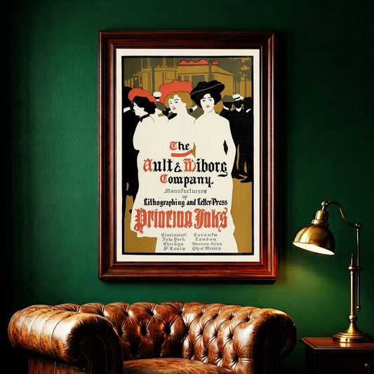 Vintage Werbeplakat von Ault & Wiborg für Druckfarben mit drei eleganten Frauen im Jugendstil.