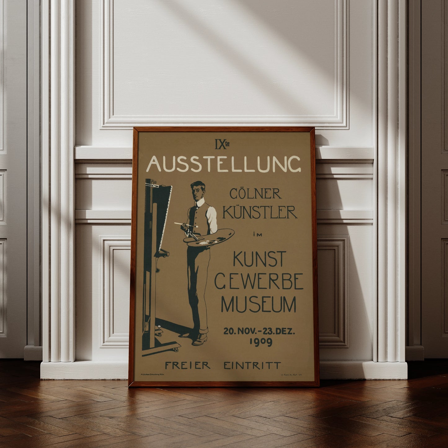 Vintage Plakat der IX. Ausstellung Cölner Künstler mit einem malenden Mann vor einer Staffelei.