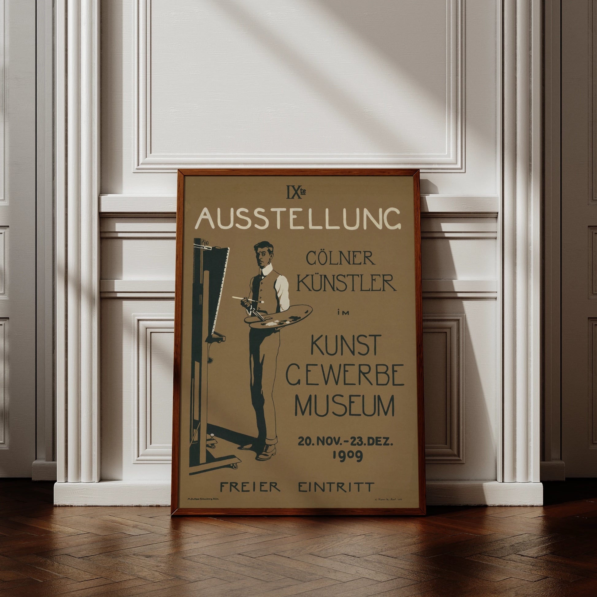Vintage Plakat der IX. Ausstellung Cölner Künstler mit einem malenden Mann vor einer Staffelei.