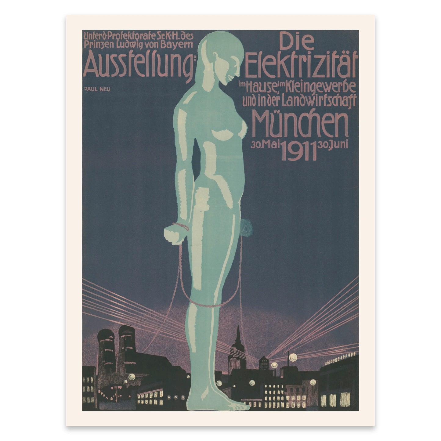 Illustratives Vintage Poster München 1911 in gedeckten Blau- und Rosatönen.