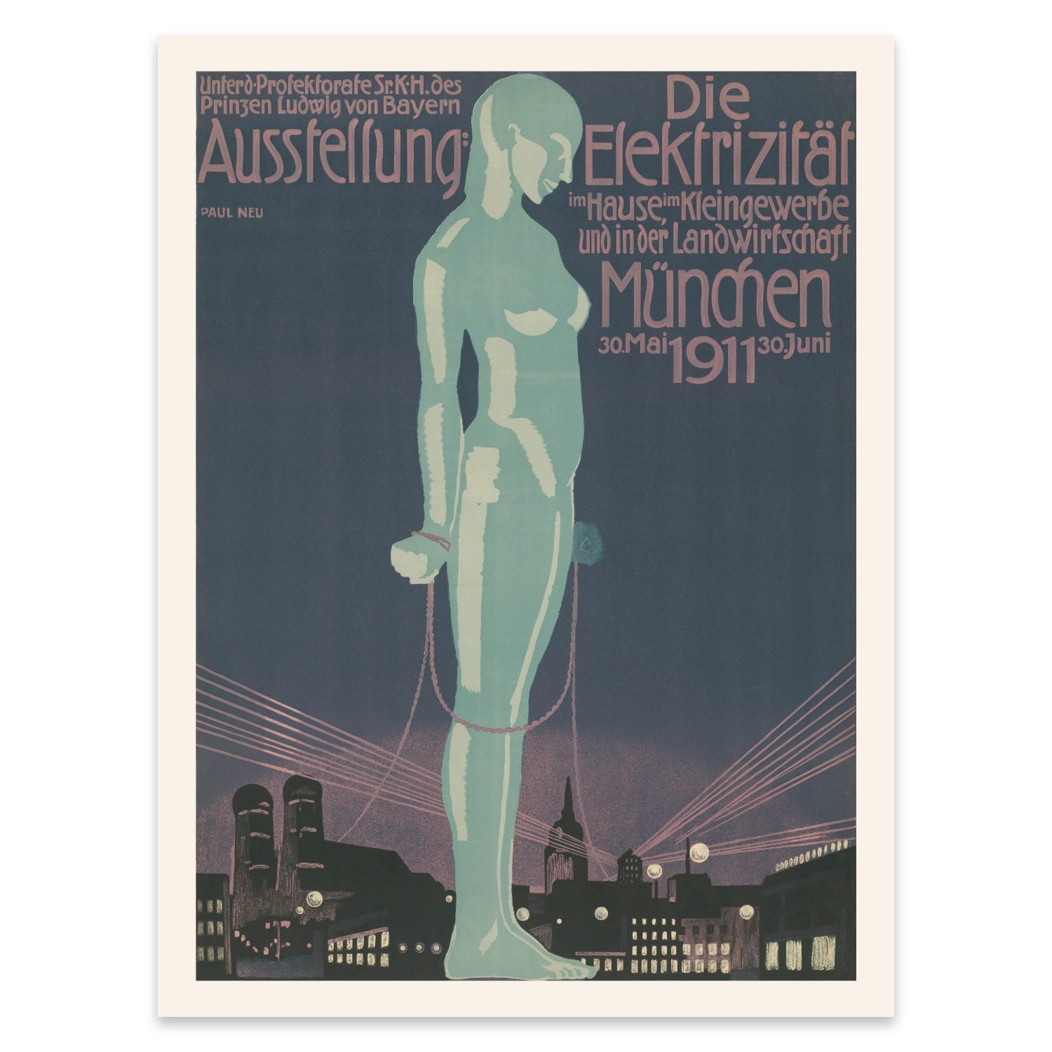 Illustratives Vintage Poster München 1911 in gedeckten Blau- und Rosatönen.