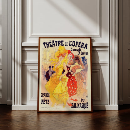 Farbenfrohe Lithografie mit einer Frau im gelben Kleid und einem Pierrot.