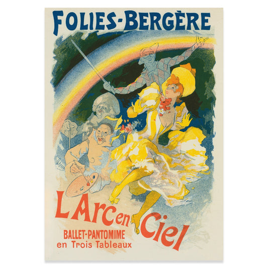 Klassisches Pariser Kunstdruckmotiv mit Frau, Harlekin und Regenbogen.