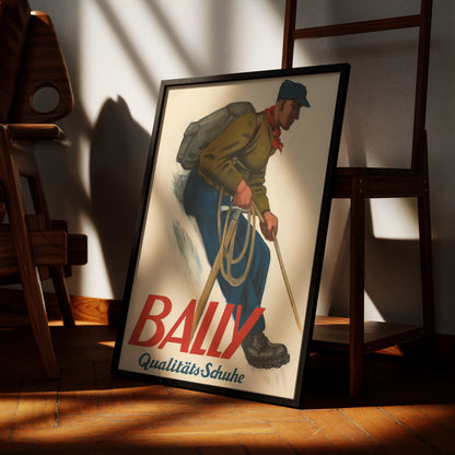 Vintage Bally Werbeplakat von 1935 mit einem Bergsteiger und Seil.