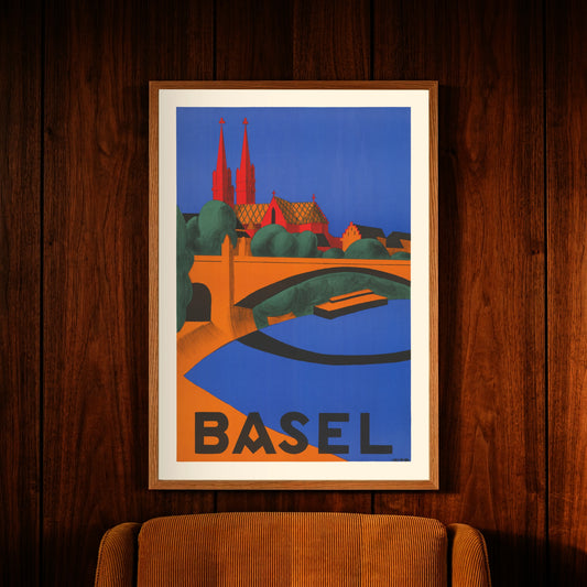 Farbintensives Basel-Plakat von 1927 mit dem Basler Münster in Rot.