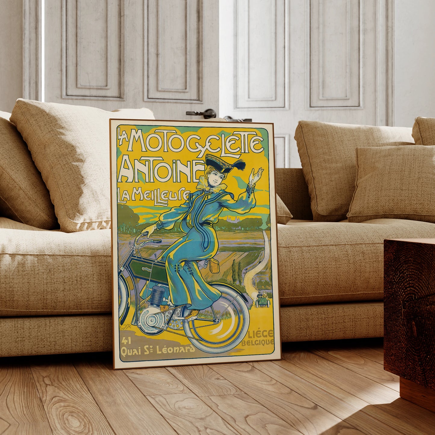 Werbegrafik aus Lüttich, Belgien, für Antoine Motorräder in Gelb- und Blautönen.