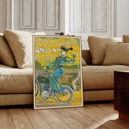 Werbegrafik aus Lüttich, Belgien, für Antoine Motorräder in Gelb- und Blautönen.