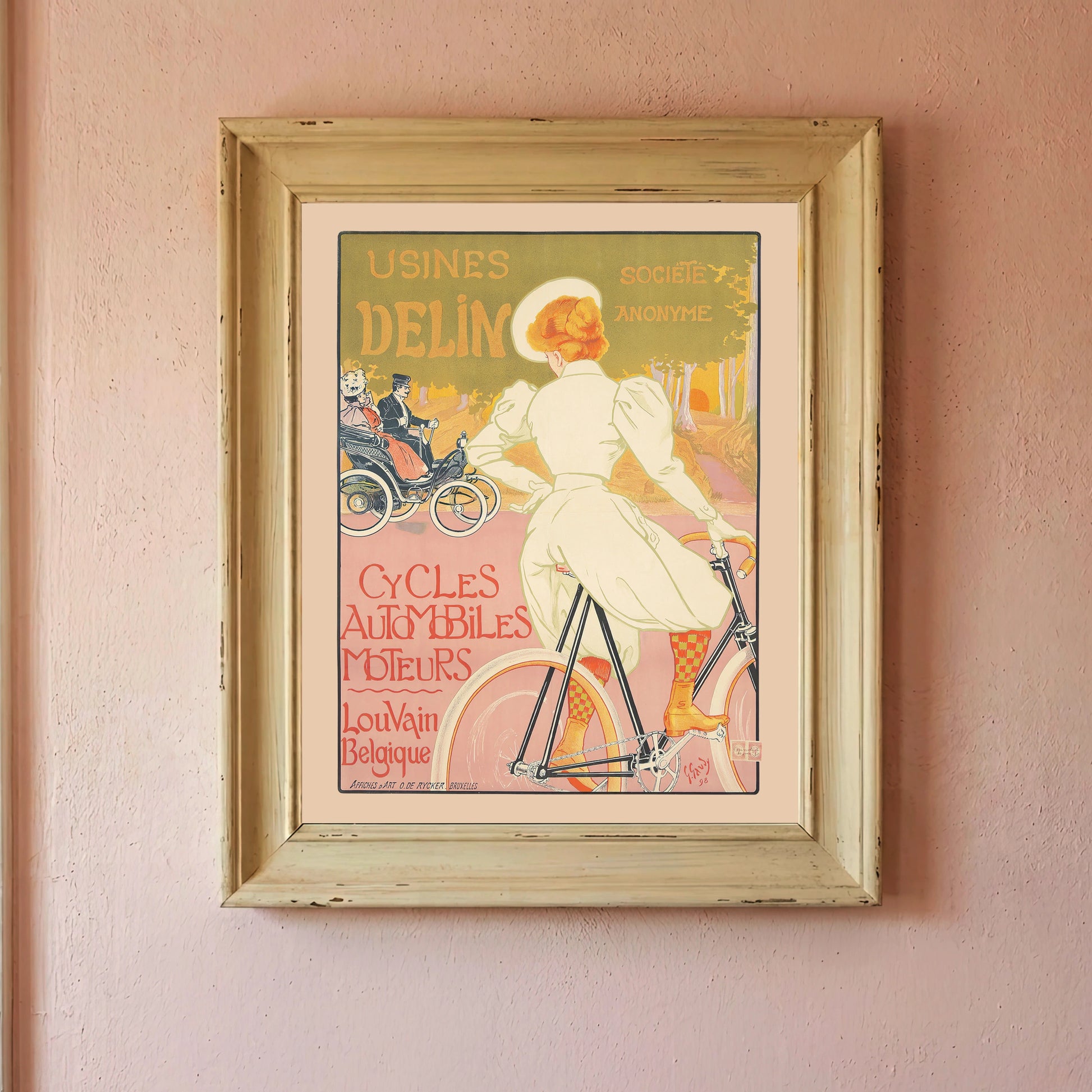 Belgisches Jugendstil-Werbeplakat mit eleganter Dame und herbstlichen Farben.