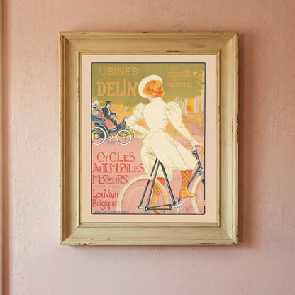 Belgisches Jugendstil-Werbeplakat mit eleganter Dame und herbstlichen Farben.