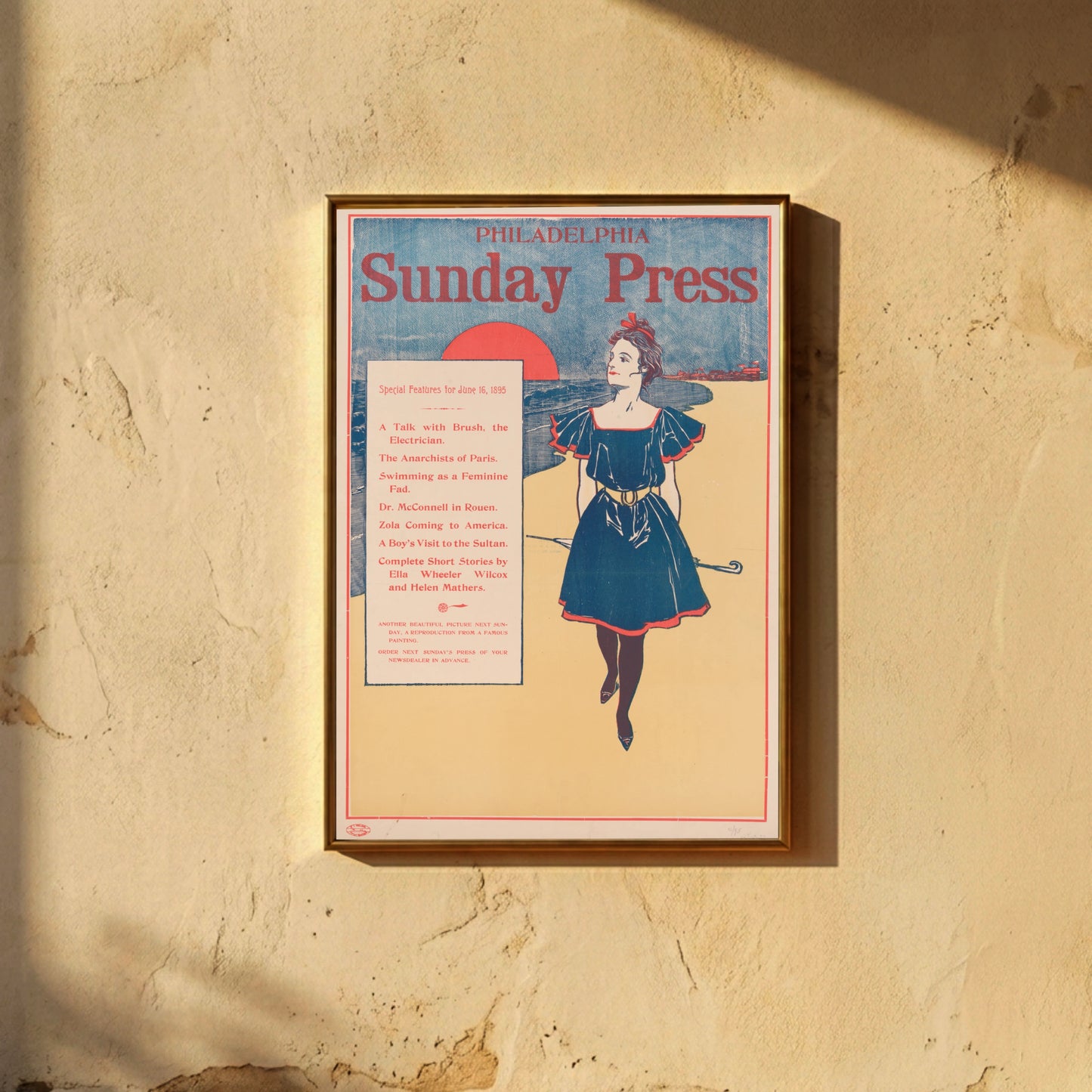Vintage Werbeposter der Philadelphia Sunday Press mit detailliertem Inhaltsverzeichnis von 1895.