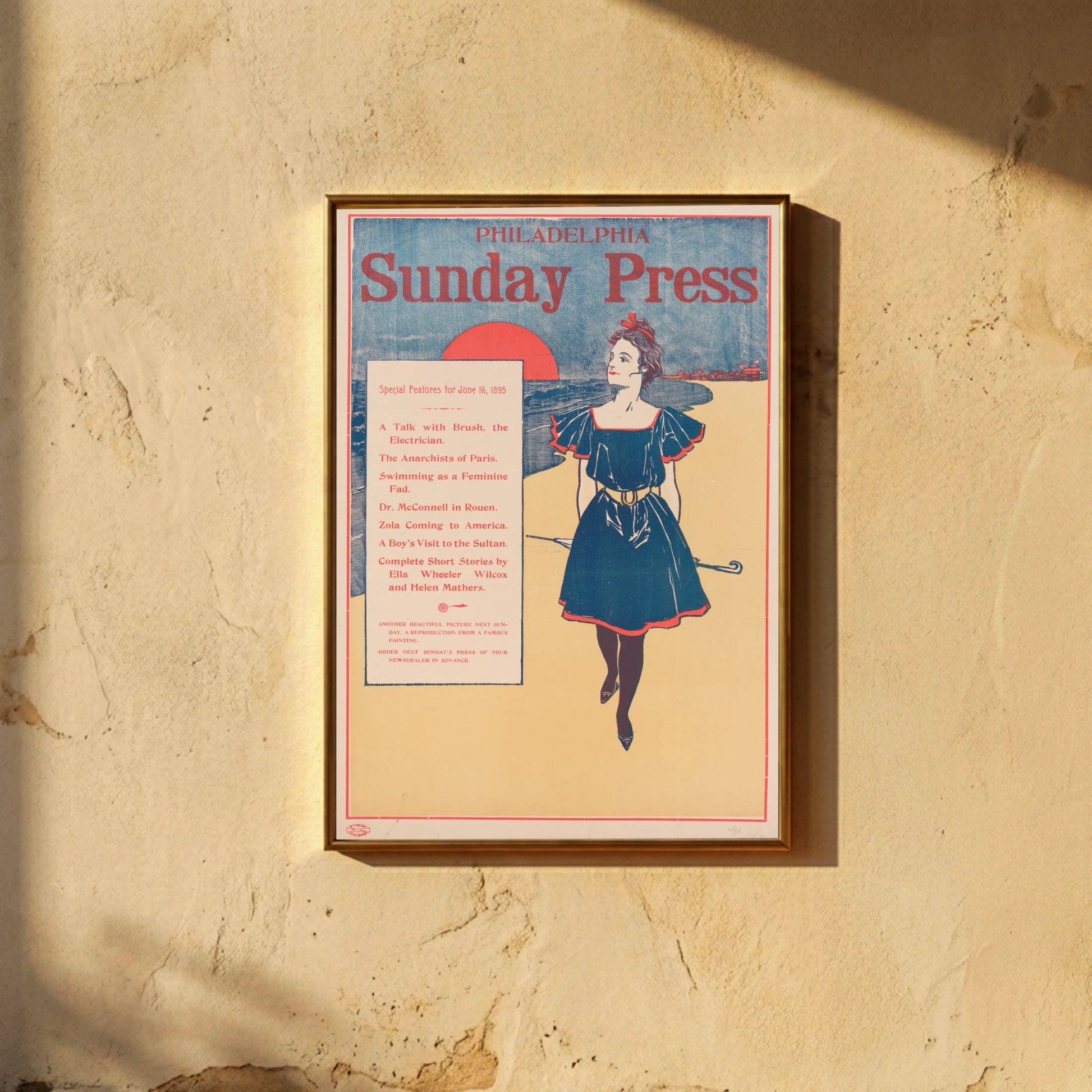 Vintage Werbeposter der Philadelphia Sunday Press mit detailliertem Inhaltsverzeichnis von 1895.