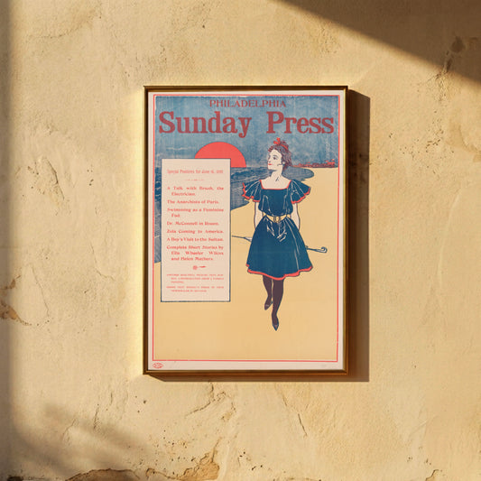 Vintage Werbeposter der Philadelphia Sunday Press mit detailliertem Inhaltsverzeichnis von 1895.