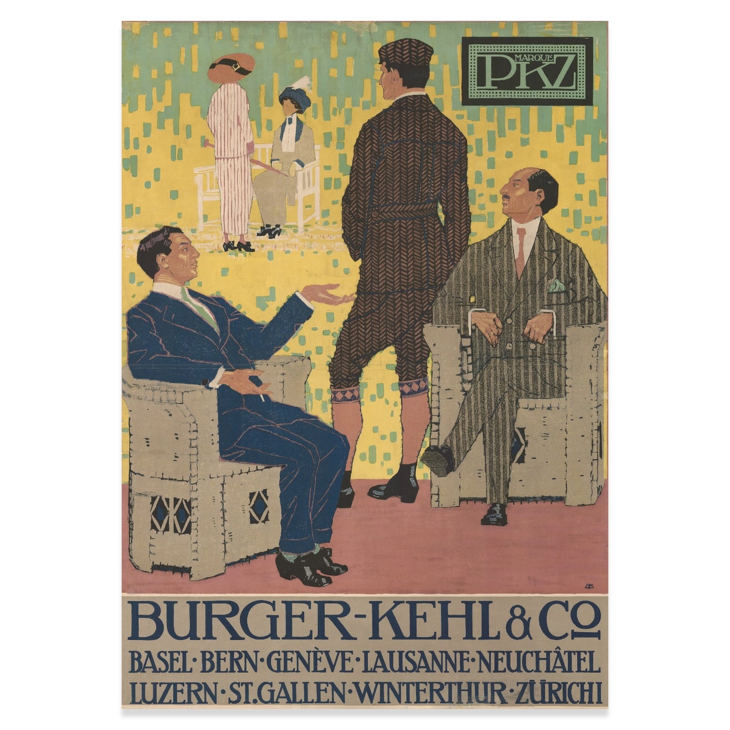 Illustration von Burkhard Mangold: Drei Männer in stilvoller Kleidung in einer abstrakten architektonischen Szenerie.