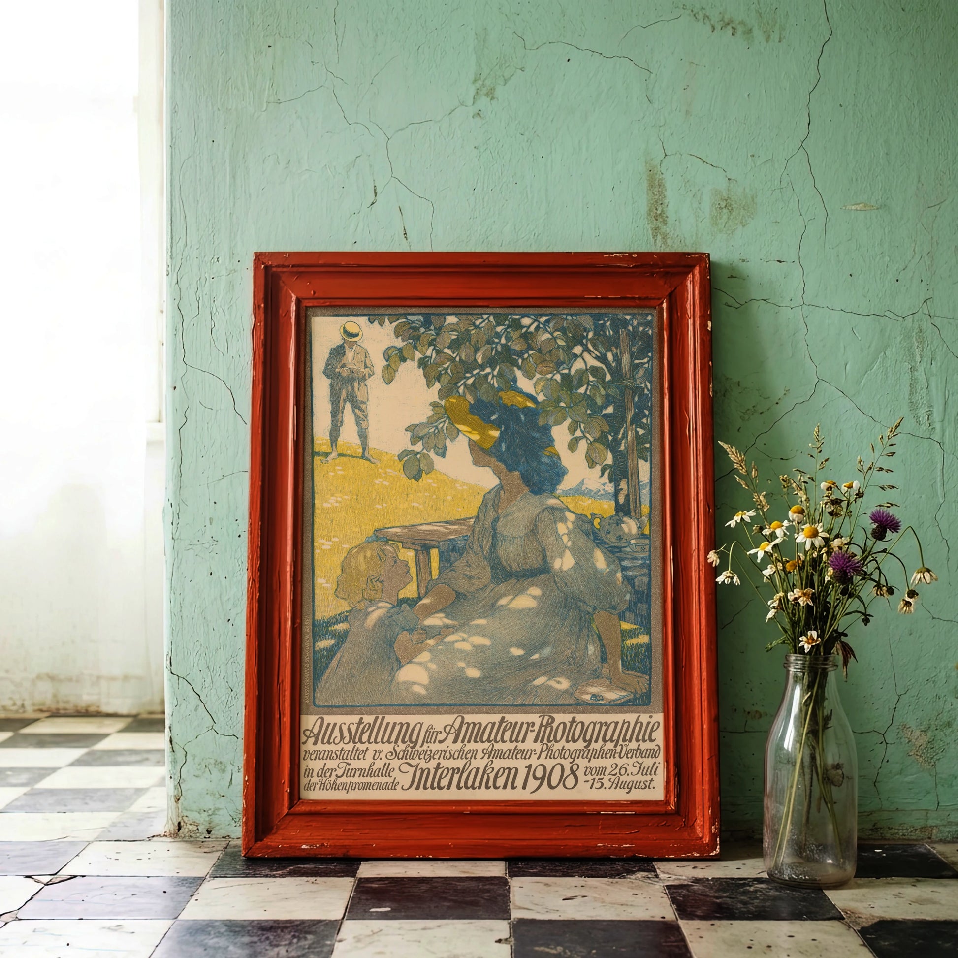 Detailansicht eines vintage Werbeplakats mit impressionistischer Lichtführung und Typografie.