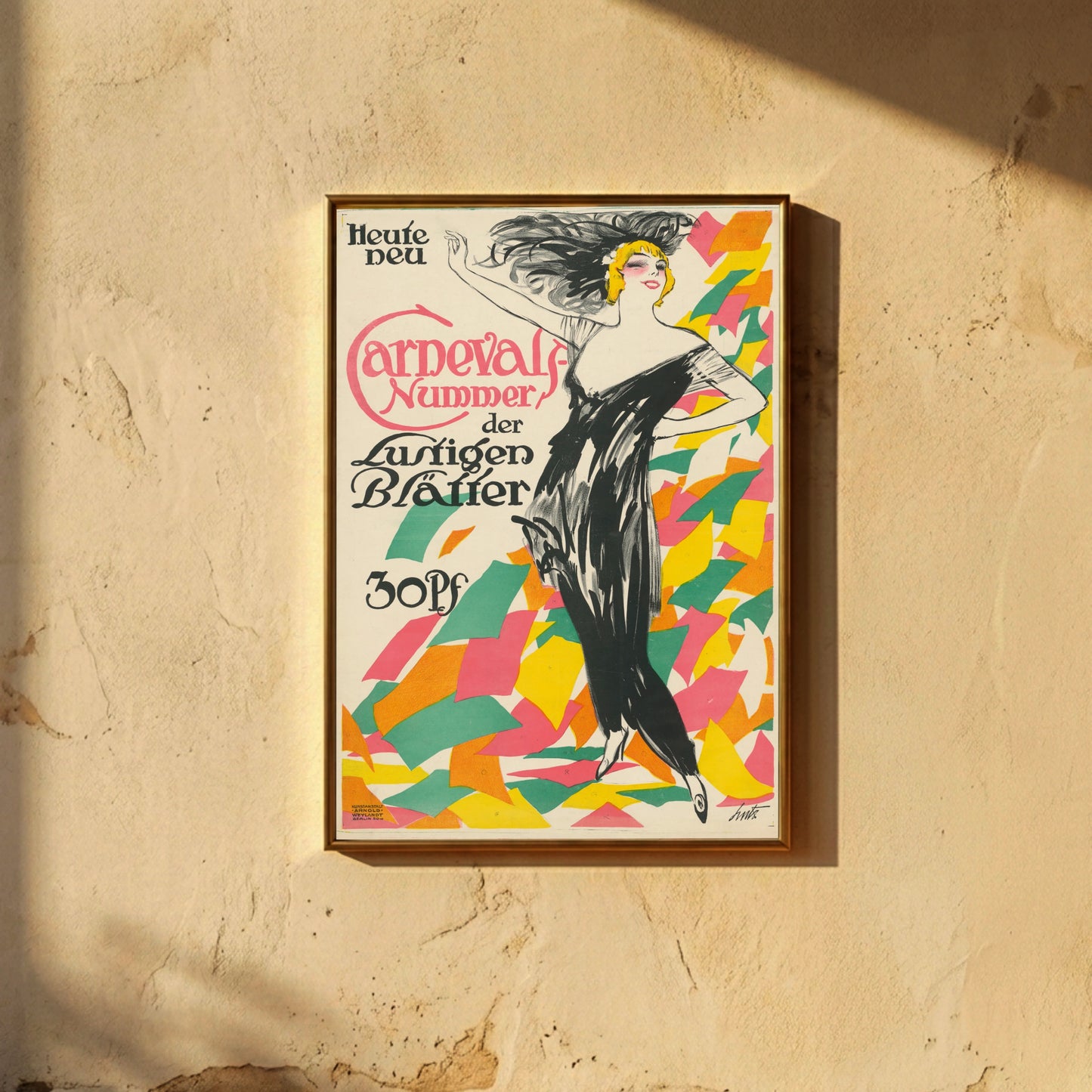 Art Nouveau beeinflusstes Plakat mit dynamischer Typografie und farbenfrohen Elementen.