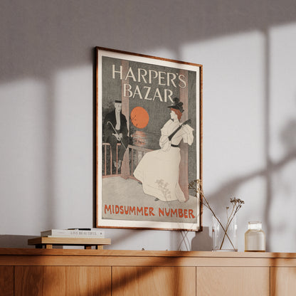 Detailansicht eines historischen Magazin-Covers Harper's Bazar mit Illustration einer Dame in weißem Kleid.