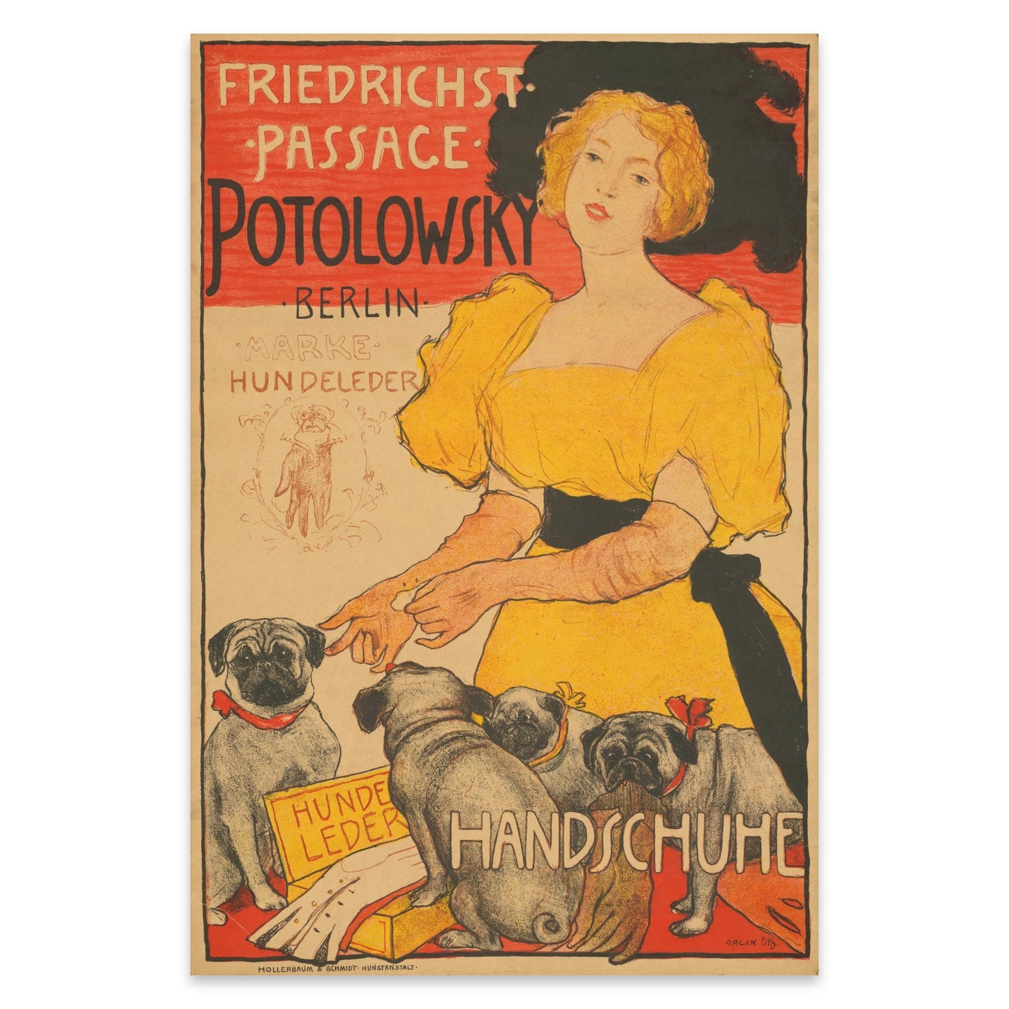 Historisches Berliner Werbeplakat mit rotem Hintergrund und modischer Szene.