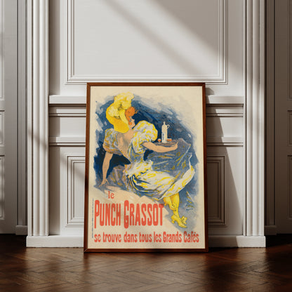 Illustration einer Frau in gelbem Kleid mit einem Tablett und Punschflasche im Art Nouveau Stil.