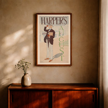 Detailreiche Grafik von Edward Penfield, die einen Mann zeigt, der das Harper's Monthly Magazin hält.