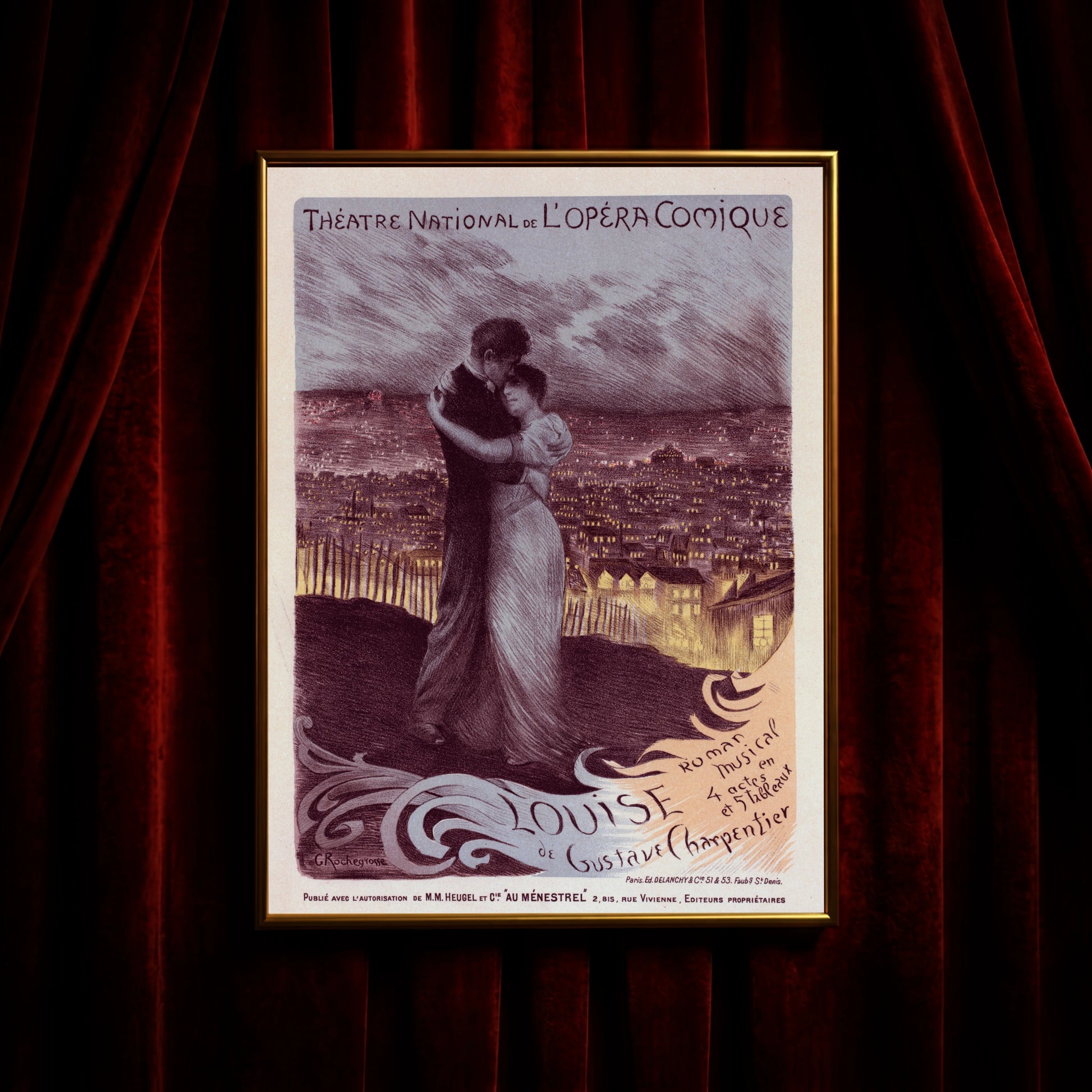 Georges Rochegrosse Illustration für das Théâtre National de l’Opéra-Comique in sanften Violett- und Gelbtönen.