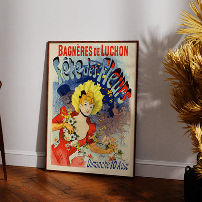 Detailgetreuer Kunstdruck eines Art Nouveau Plakats von Jules Chéret für ein Blumenfest in Bagnères-De-Luchon.